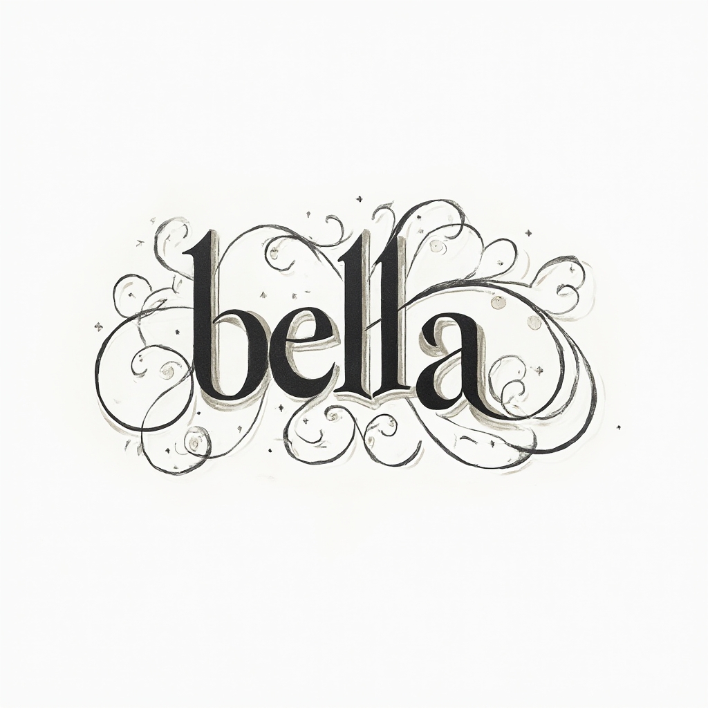 elegant flowing stylized lettering forming the name bella with ornamental flourishes on a white background