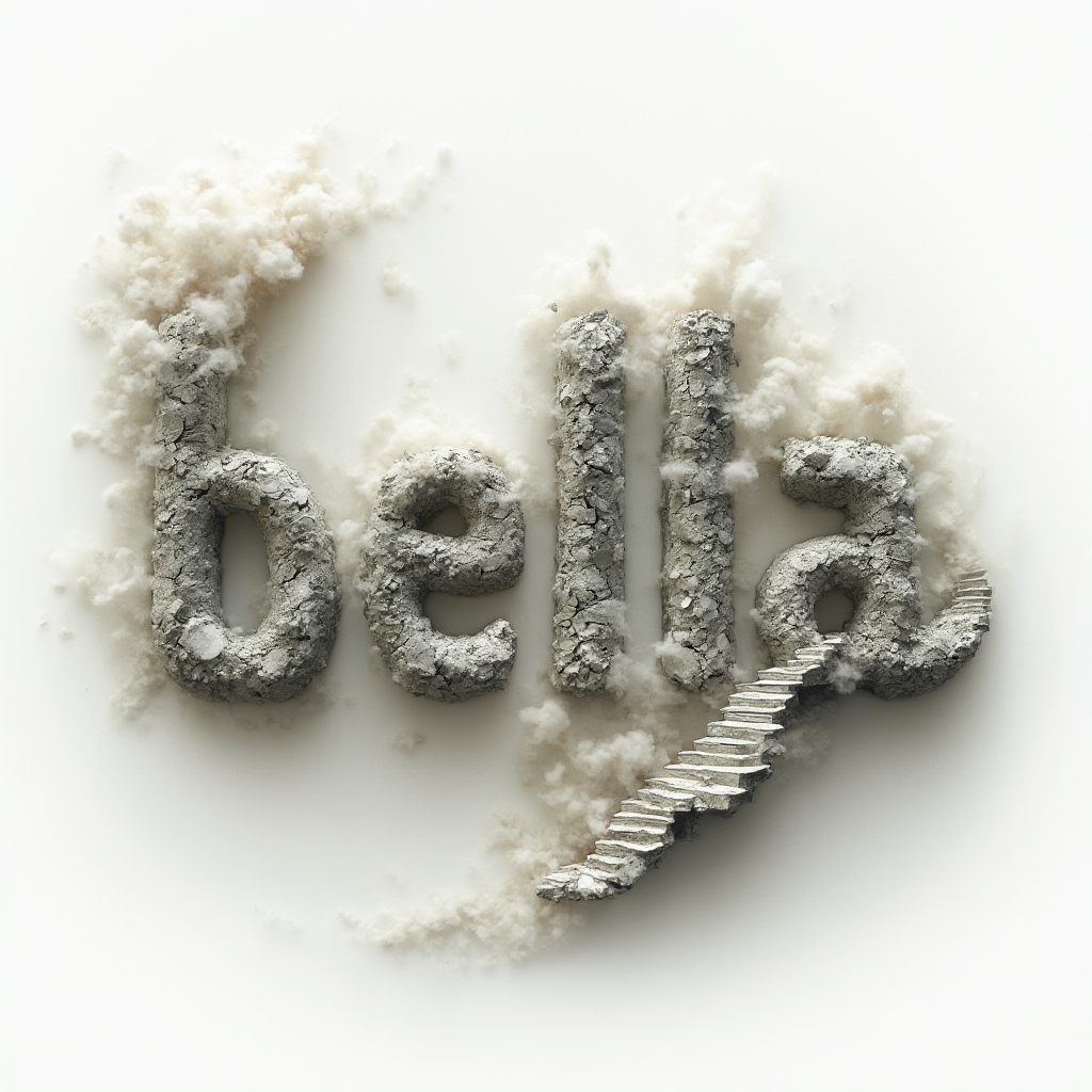 surreal dreamscape where stylized letters form the name bella with floating elements on a white background