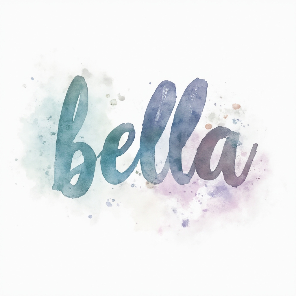 watercolor-style stylized lettering of the name bella with colorful splashes on a white background