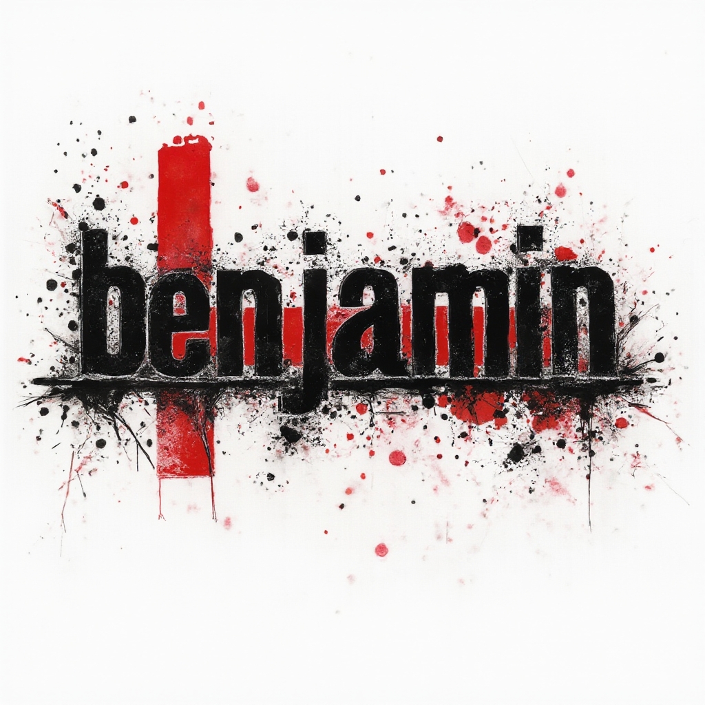 Trash Polka style tattoo concept with the name benjamin in bold distressed lettering with red and black splashes on a white background