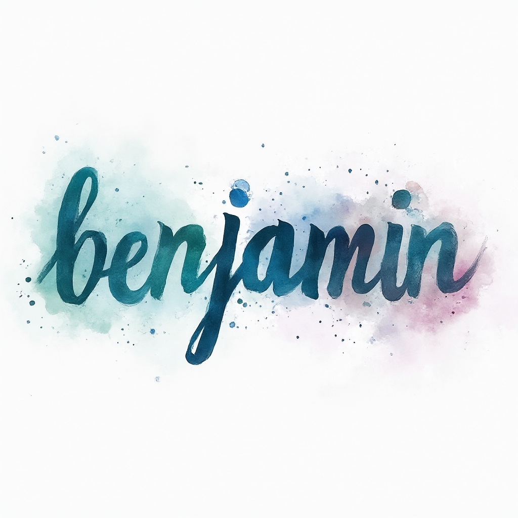 Watercolor-style tattoo concept where the name benjamin is formed by colorful flowing brushstroke lettering on a white background