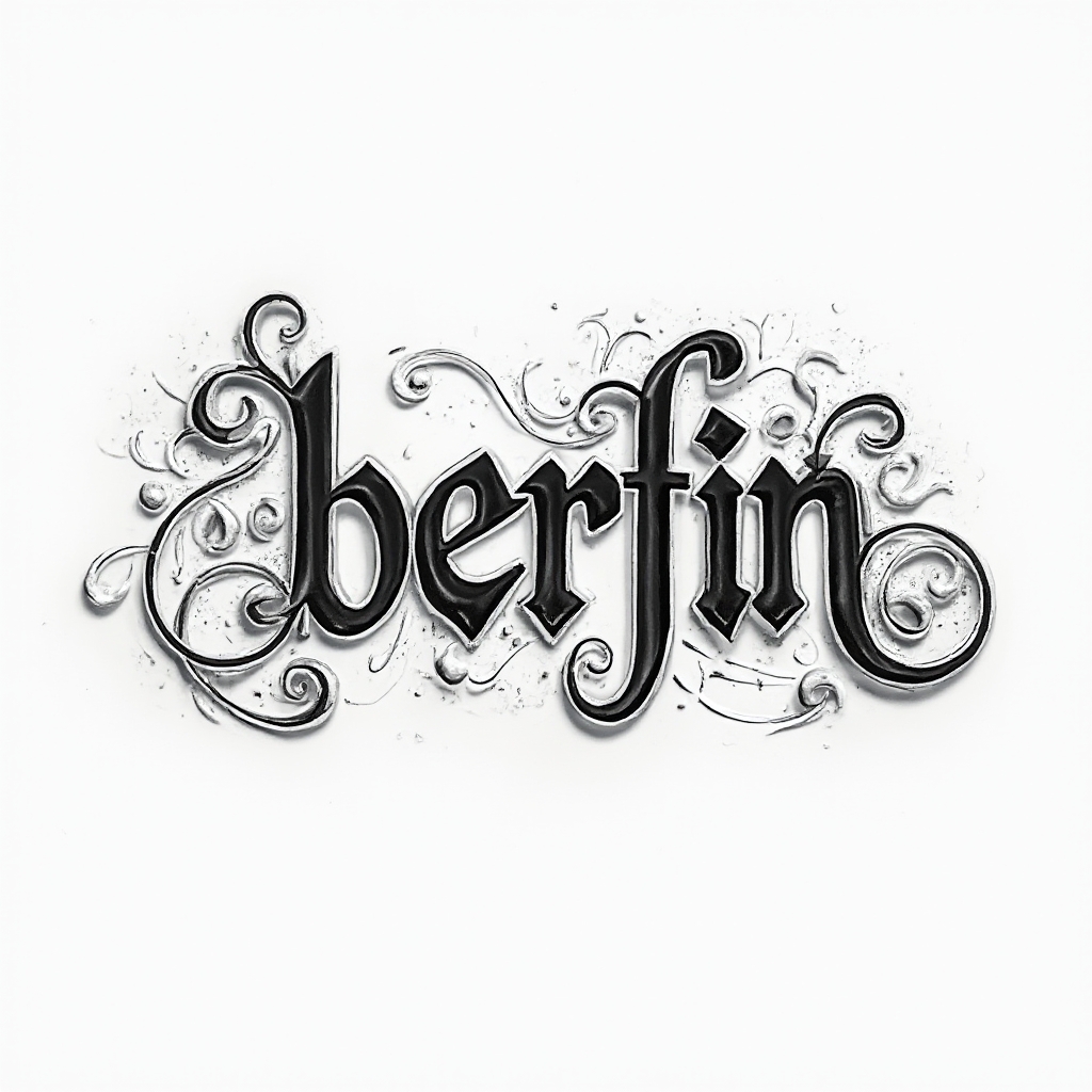 Ornamental blackwork tattoo concept of the name berfin with sculpted decorative lettering on a white background.