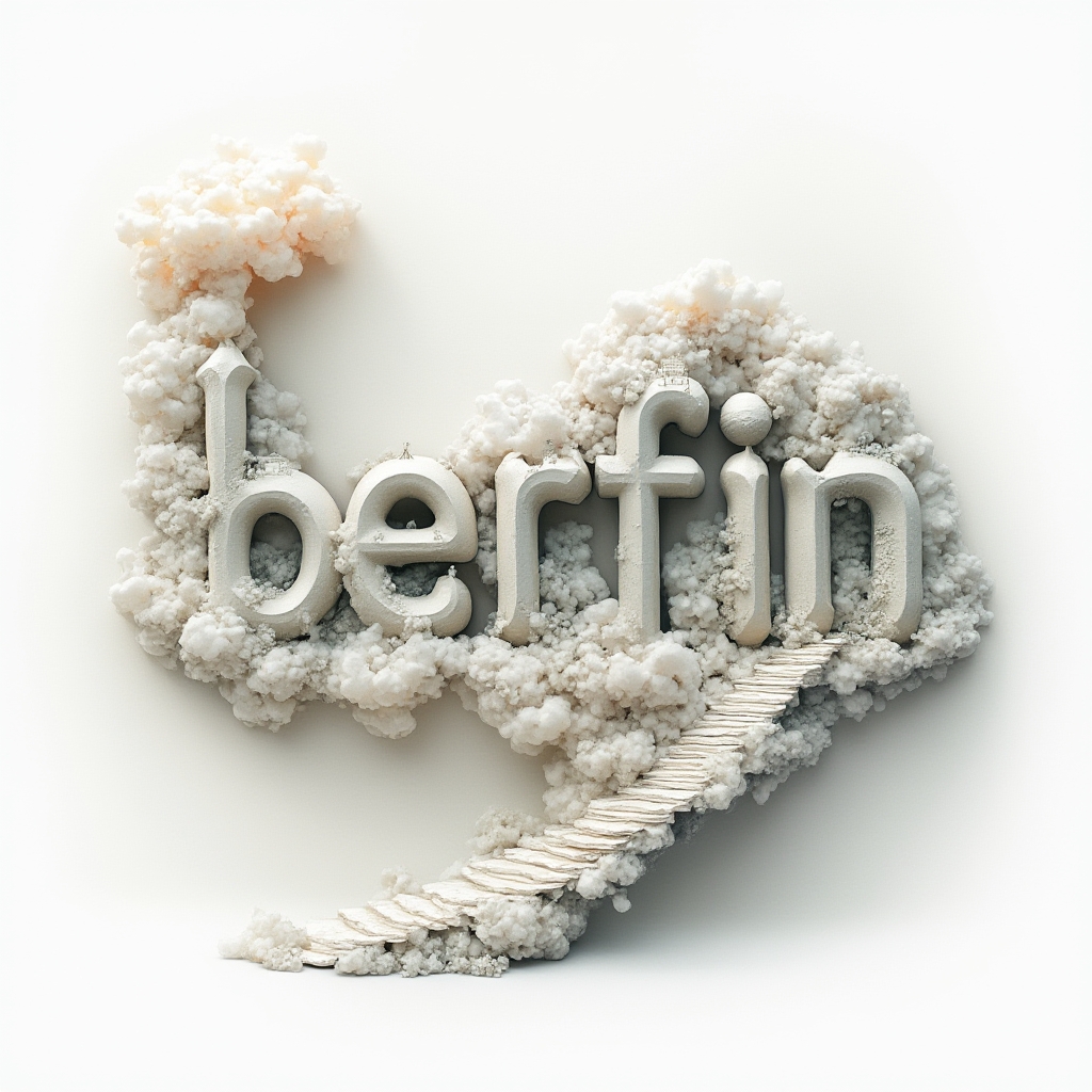 Surreal tattoo concept of the name berfin morphing into dreamy architectural and floating elements on a white background.