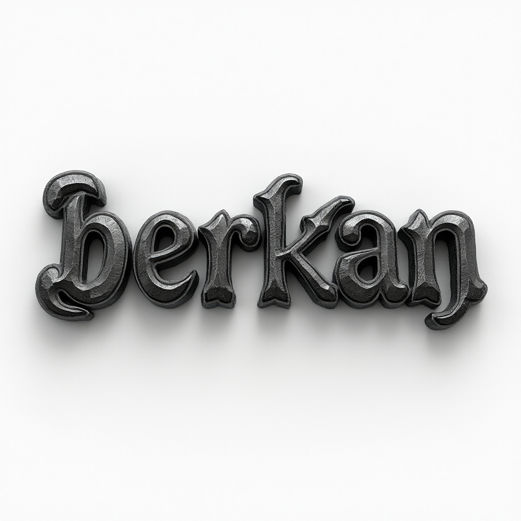 Dimensional black and gray tattoo concept of the name berkan with sculpted, 3D-styled letters on a white background.