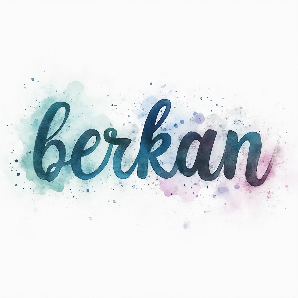 Watercolor-style tattoo concept of the name berkan in colorful flowing brushstroke letters on a white background.