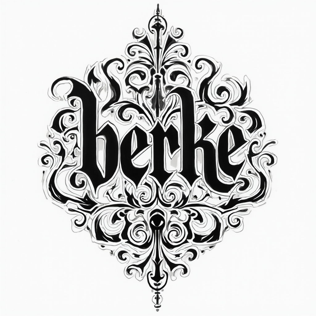 Abstract ornamental tattoo emblem where the name berke is woven into interlocking black curves on a white background