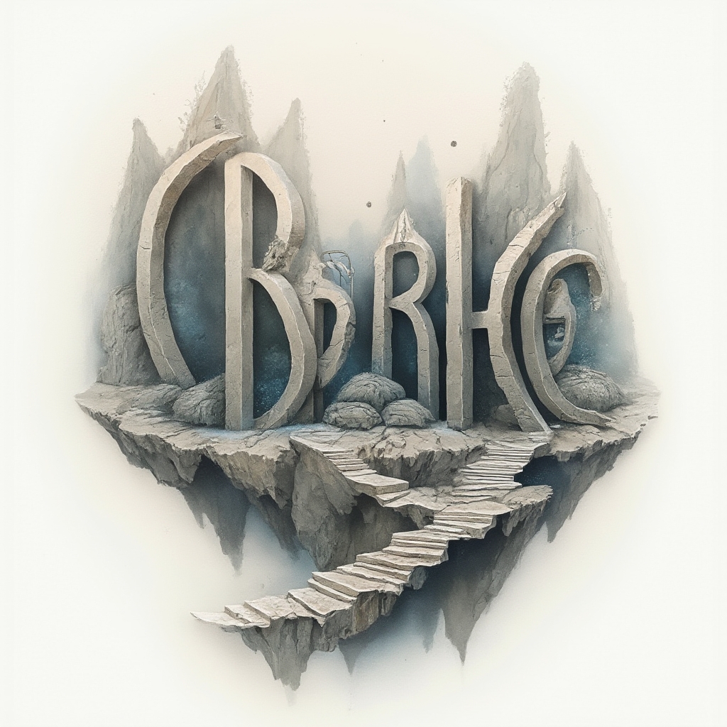 Surreal dreamscape tattoo concept where the name berke forms an impossible architectural landscape on a white background