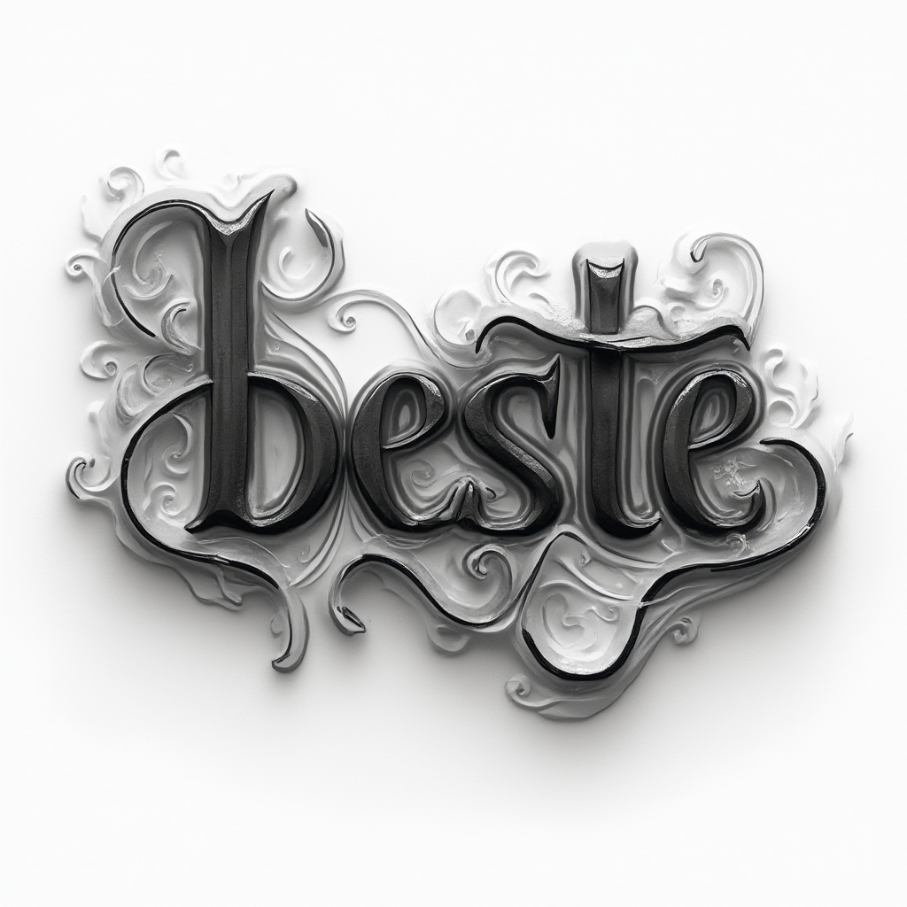 Dimensional stylized script tattoo design of the name beste with metallic shading on a white background.