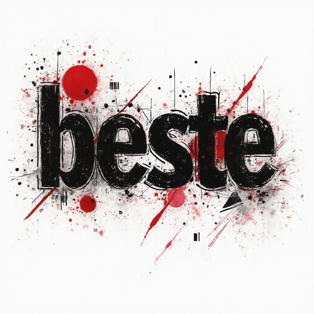 Trash Polka tattoo concept where the name beste is built from bold black strokes and red geometric shapes on a white background.