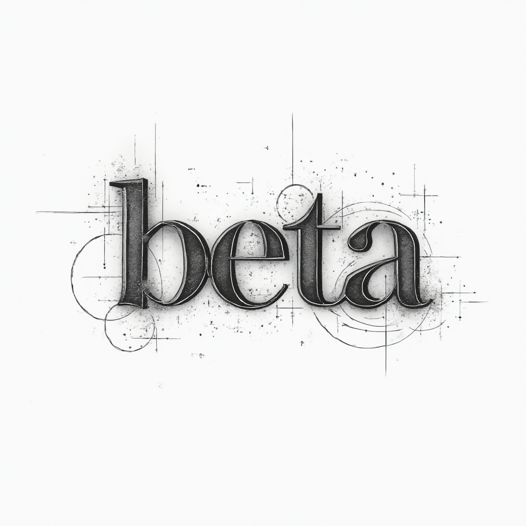 Minimal, geometric fine-line tattoo concept spelling beta with dotwork shading on a white background.