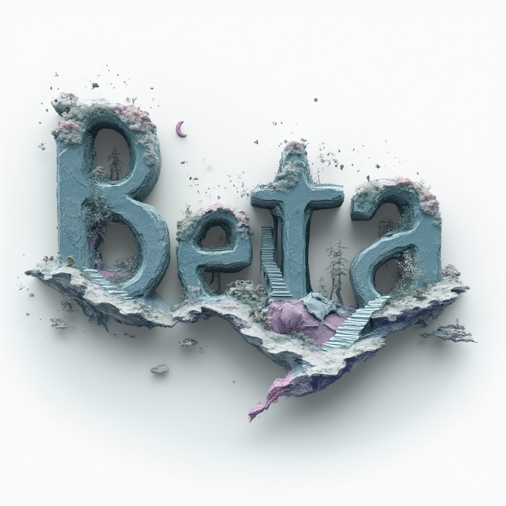 Surreal name tattoo design with the word beta as floating melting stone letters in a dreamy space on white background.