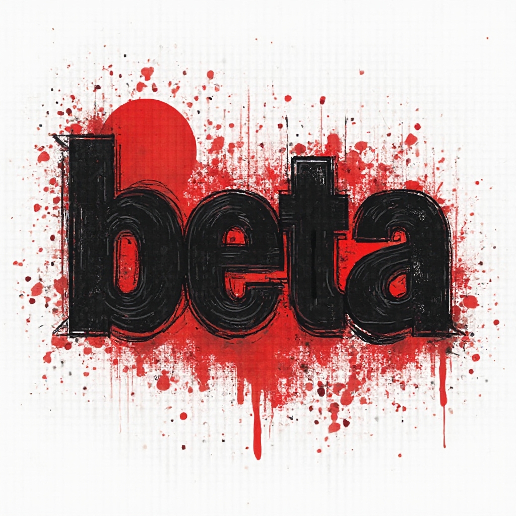 Trash Polka style tattoo concept with the word beta in distressed black lettering, red splashes, and graphic textures on white background.