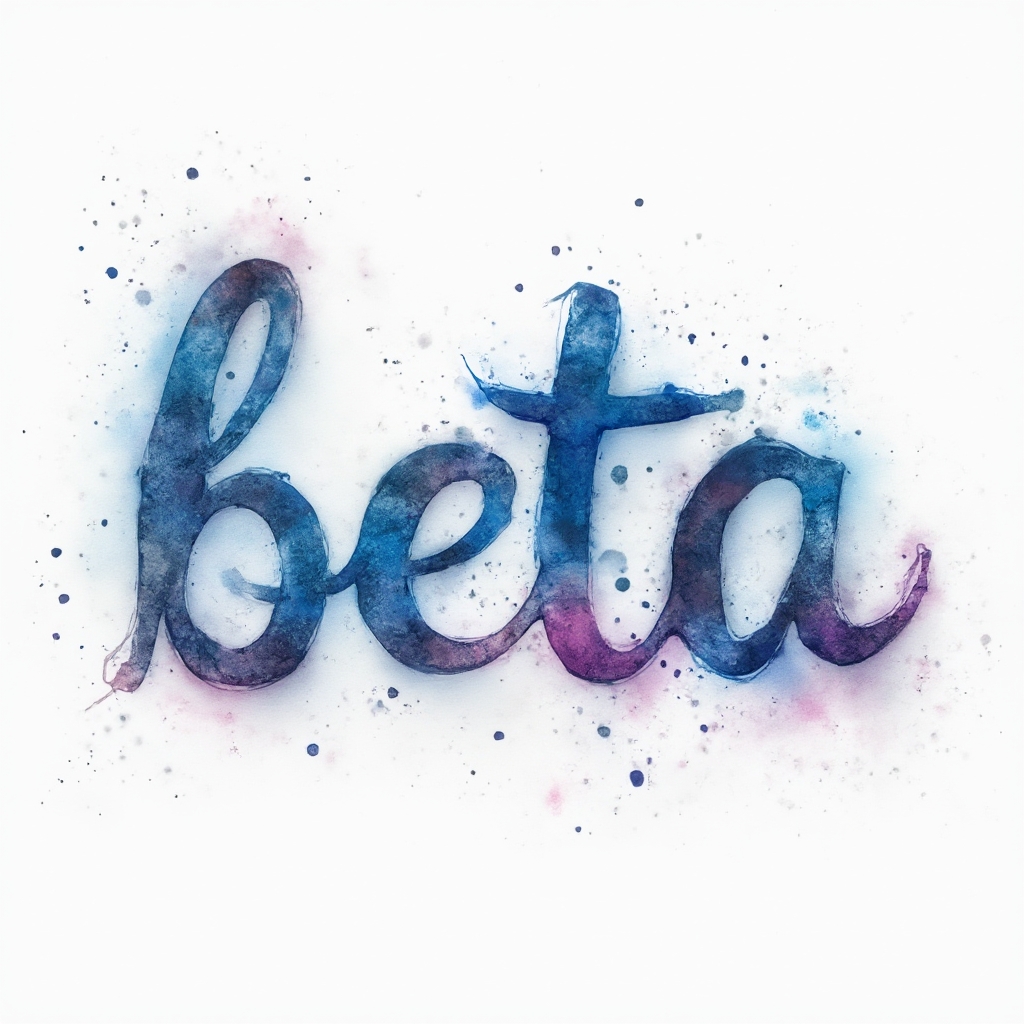 Watercolor-style name tattoo concept of the word beta in fluid multicolored paint on white background.