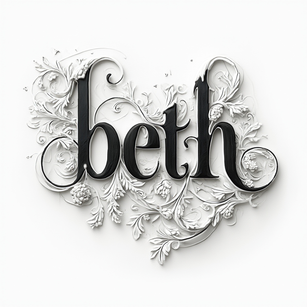 Ornamental linework tattoo concept where the name beth is formed by flowing detailed lettering on a white background