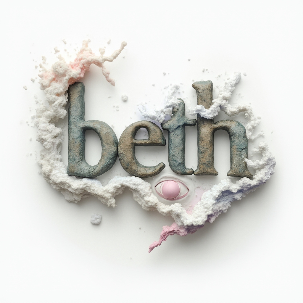 Surreal tattoo concept where the name beth is suggested by floating abstract shapes on a white background