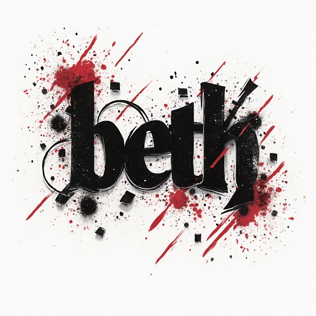 Trash Polka tattoo concept where the name beth is constructed from fragmented black and red graphic shapes on a white background