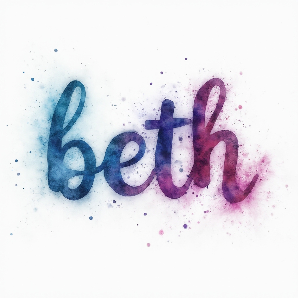 Watercolor tattoo concept of the name beth painted as colorful ink-splash lettering on a white background