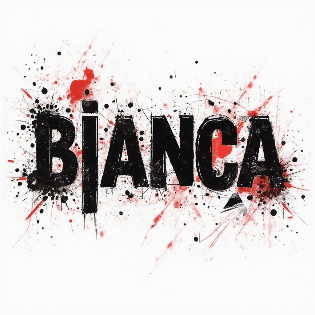 Bold black and red Trash Polka-inspired tattoo design of the name bianca on a white background.