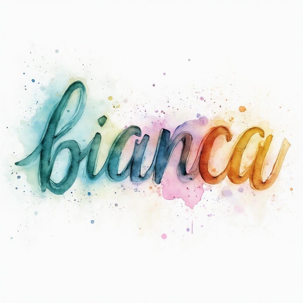 Watercolor-inspired tattoo design where the name bianca is formed from fluid, colorful brushstrokes on a white background.