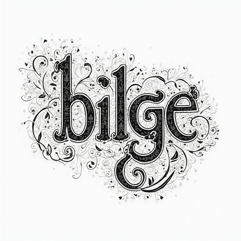 Ornamental tattoo concept where the name bilge is formed from intricate black patterns on a white background.