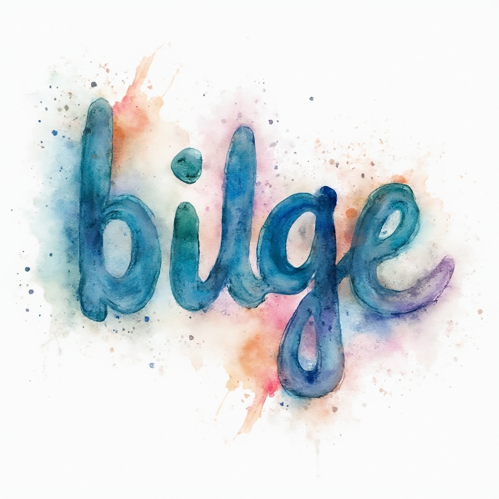 Watercolor-style tattoo concept where the name bilge is painted as fluid, colorful lettering with splashes on a white background.