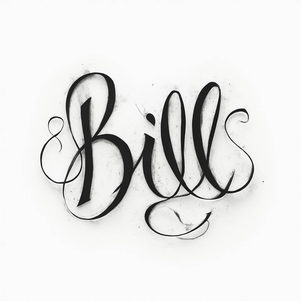 Abstract sculpted letter tattoo concept of the name bill in flowing black ribbon-like forms on white