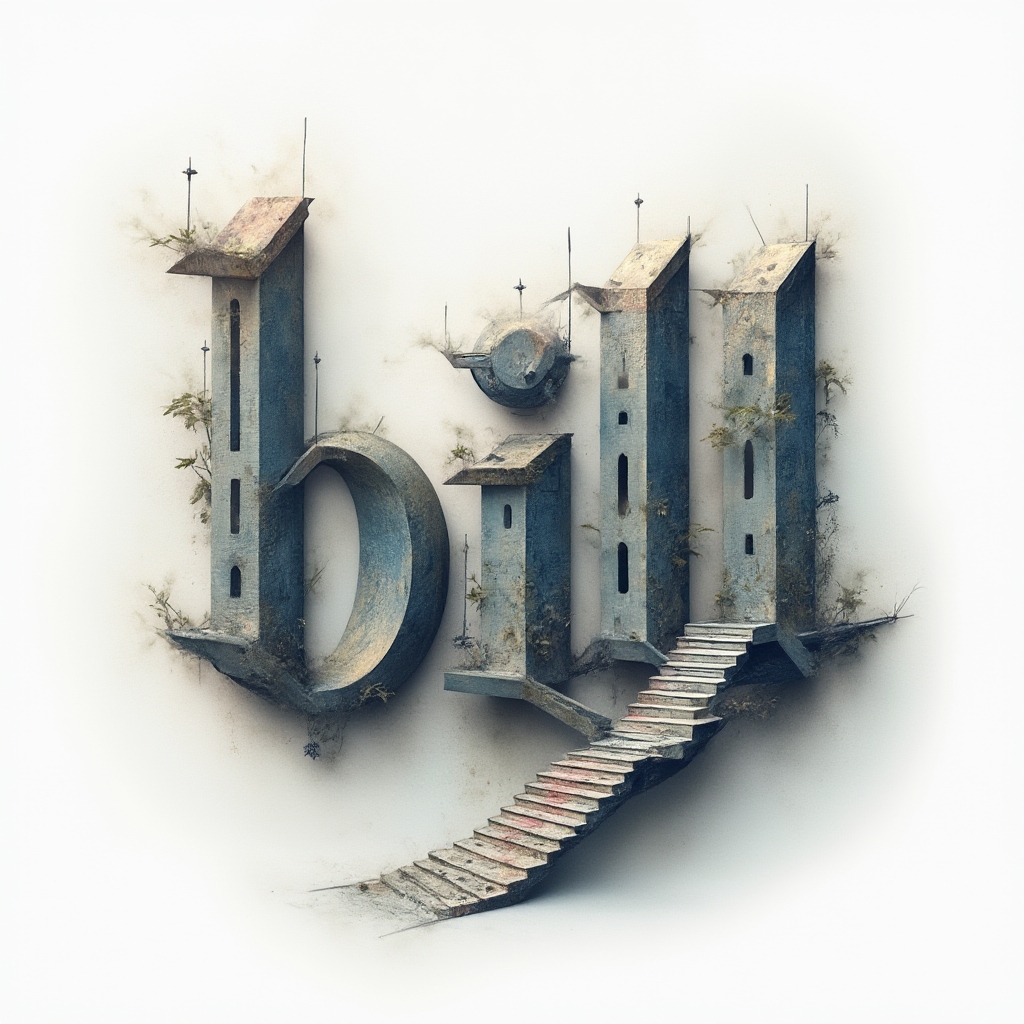 Surreal tattoo concept of the name bill as impossible dreamlike 3D structures on white background