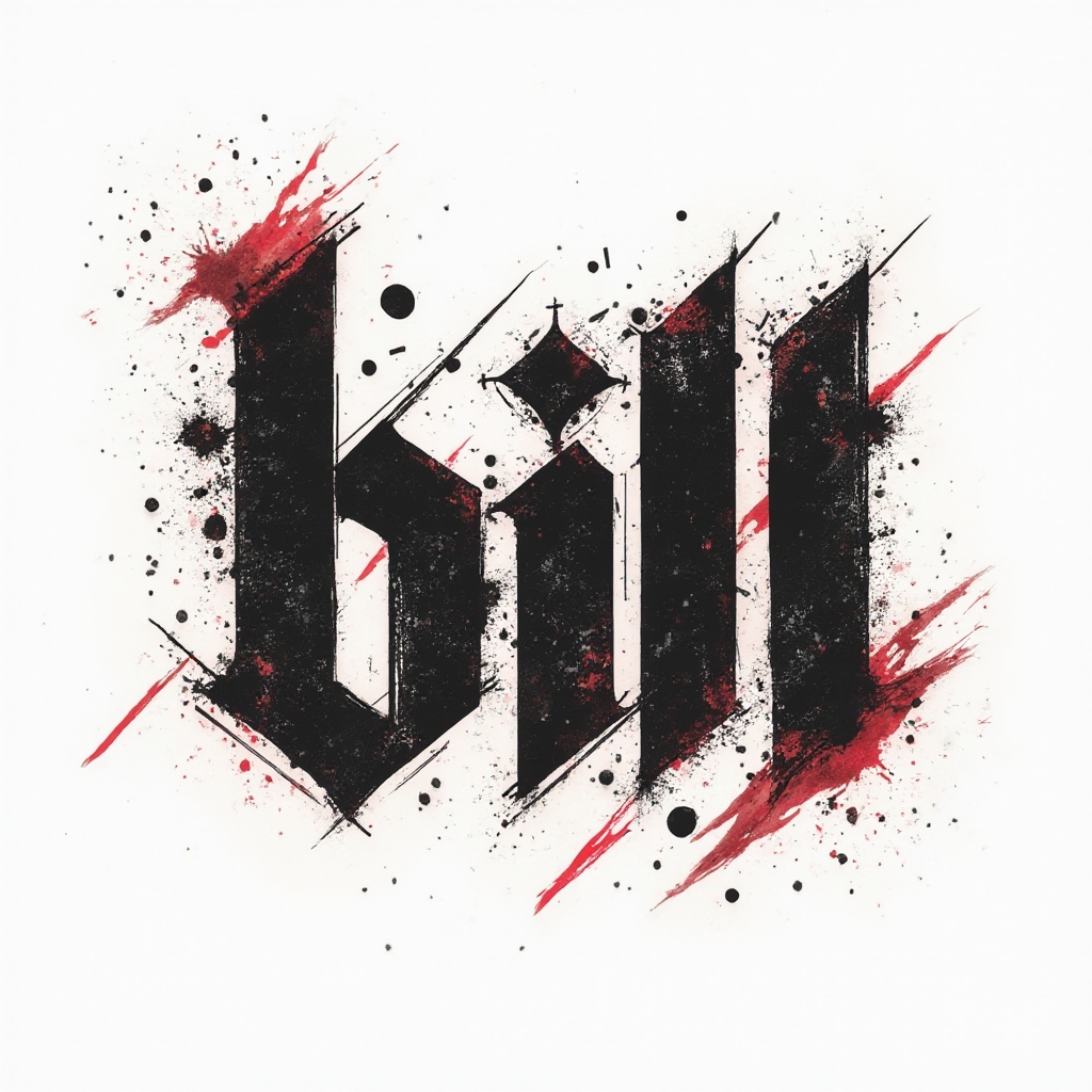 Trash Polka tattoo concept of the name bill with distressed black and red letterforms on white background
