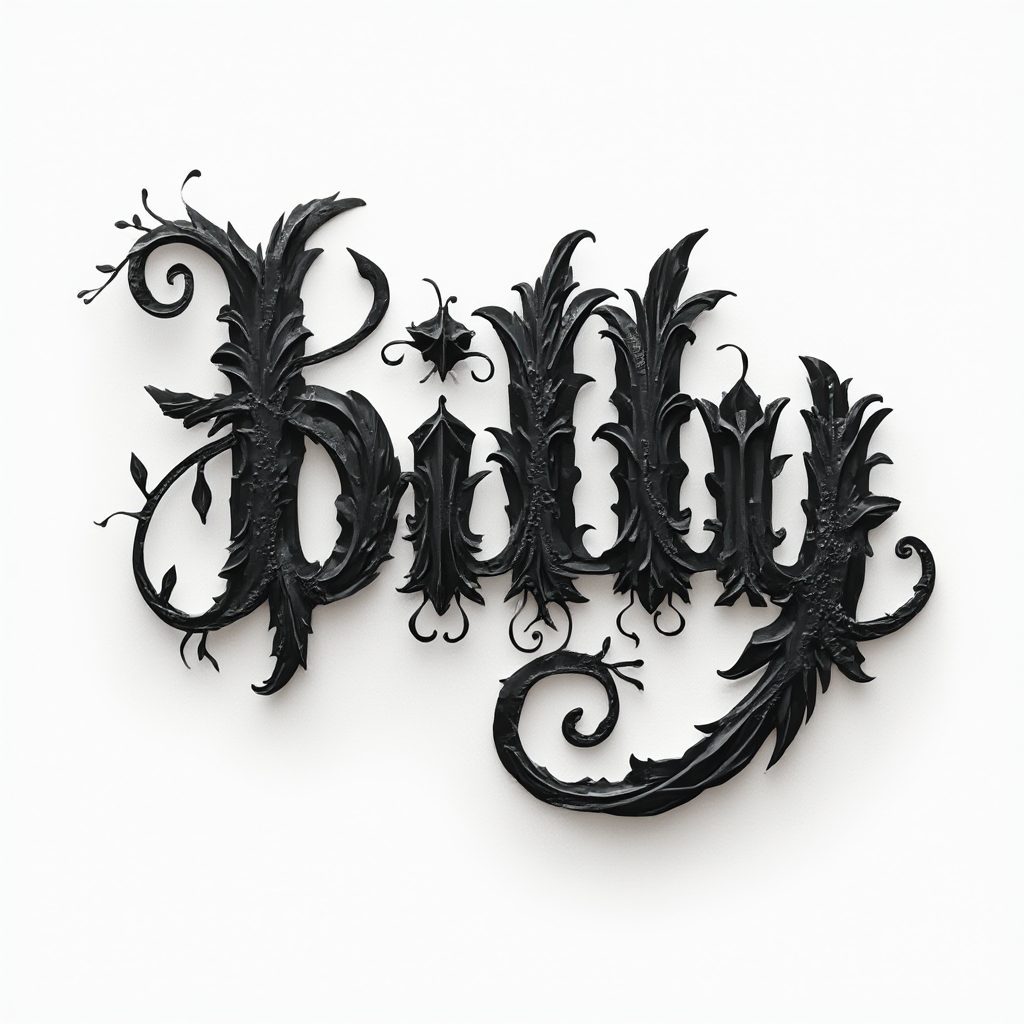 Ornamental blackwork tattoo concept where the name billy is formed by dense, decorative lettering on a white background