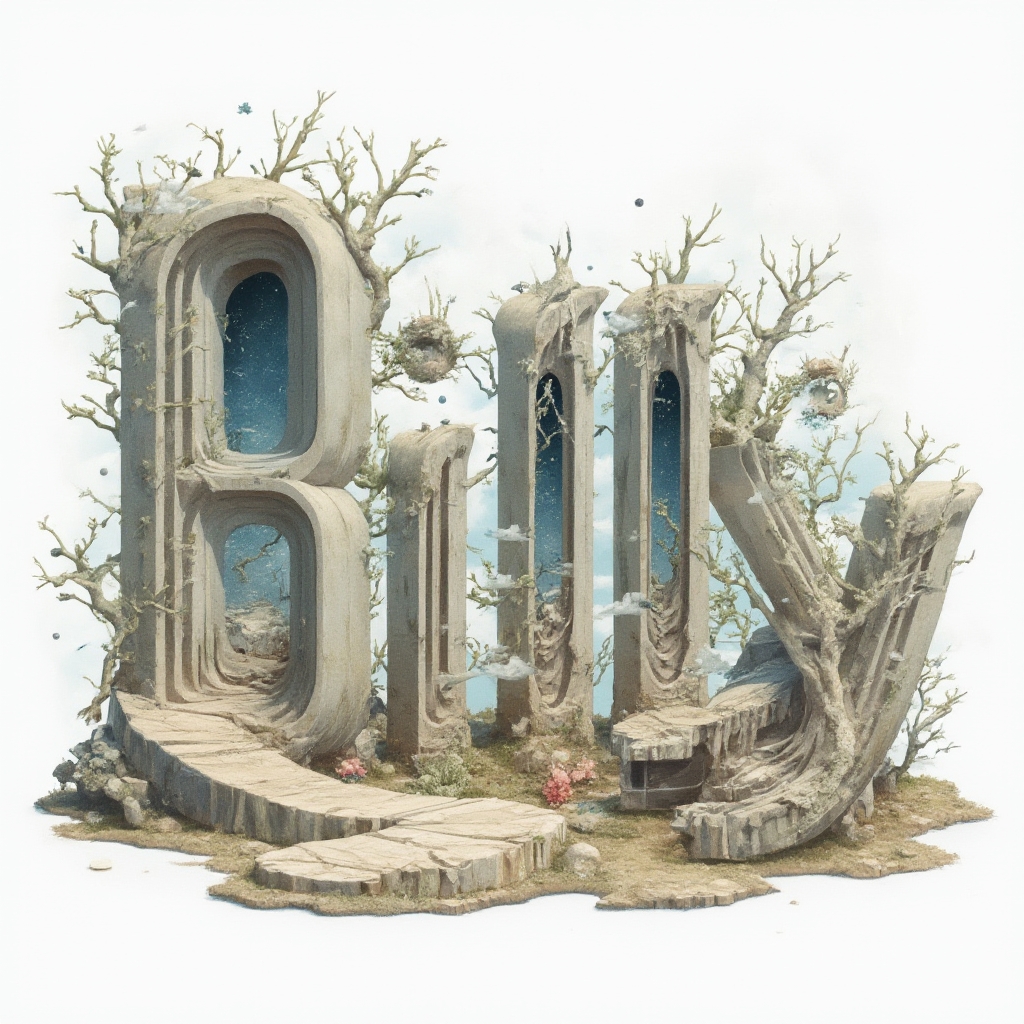 Surreal tattoo concept with the name billy formed by dreamlike architectural and natural elements on a white background