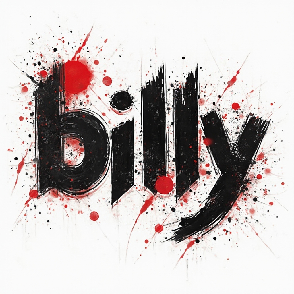 Trash Polka tattoo concept with the name billy built from bold black strokes and red graphic elements on a white background