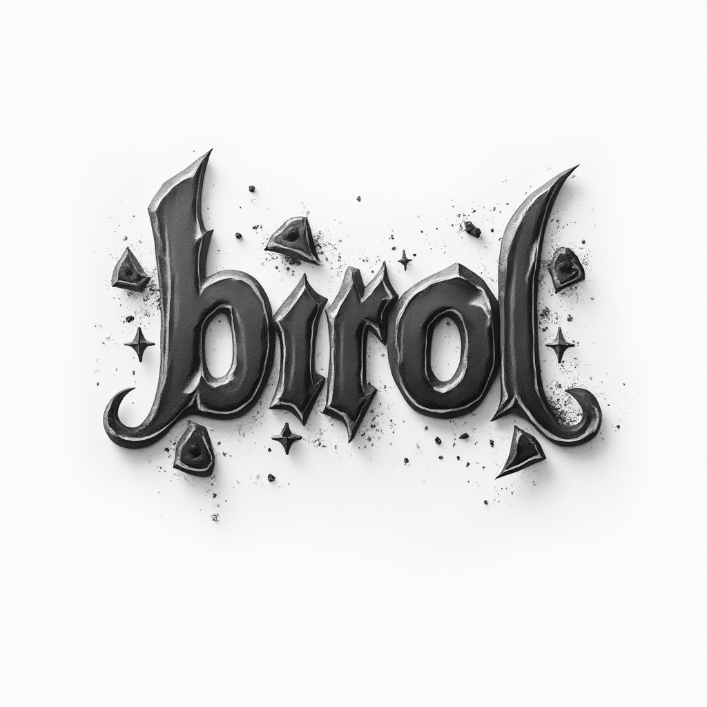 Bold emblem-like tattoo concept of the name birol with sculpted, dimensional lettering on a white background.