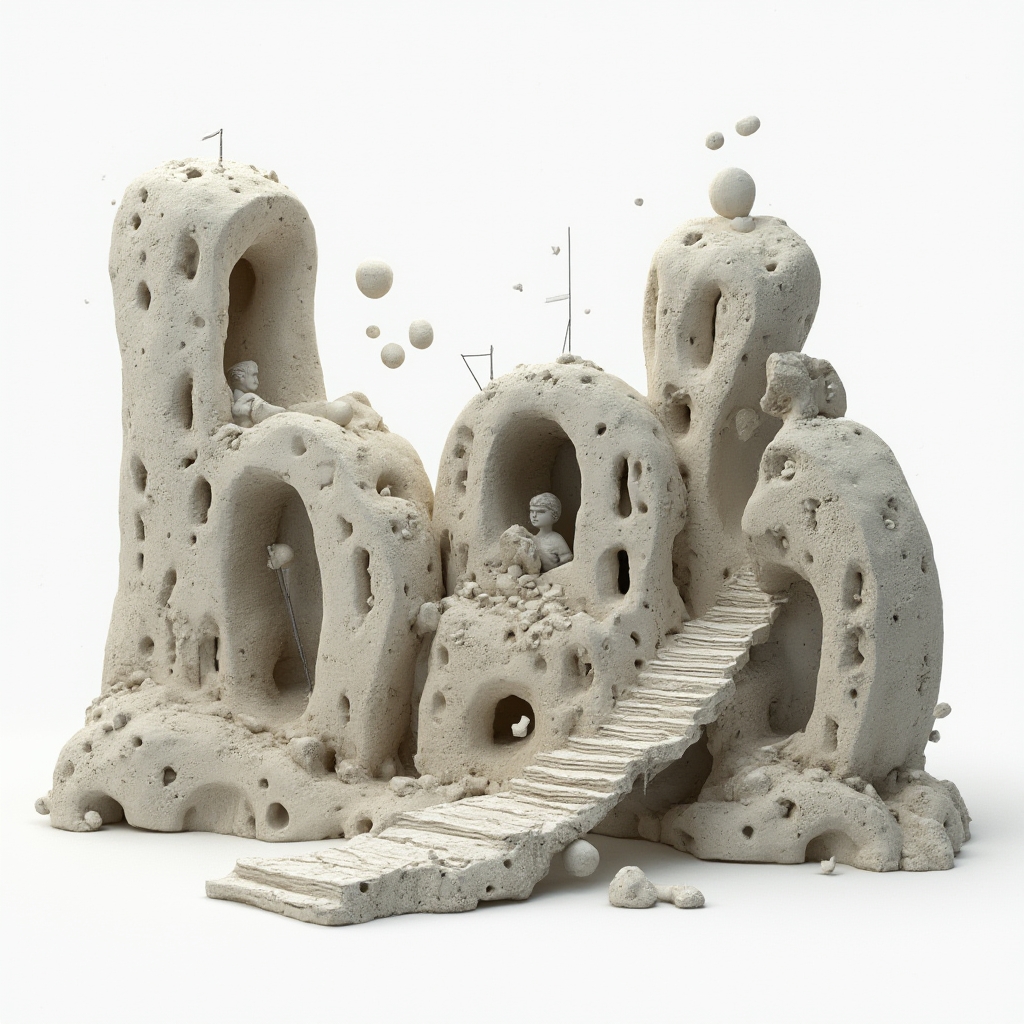 Surreal tattoo design where the name bob is built from floating, impossible architectural forms on a white background.