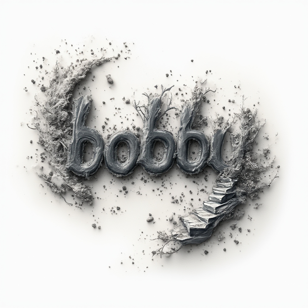 surreal dreamscape tattoo design where the name bobby becomes warped, otherworldly lettering on white background