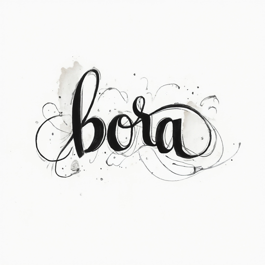 Minimal flowing ink tattoo concept where the name bora is composed of continuous curved lines on a white background.