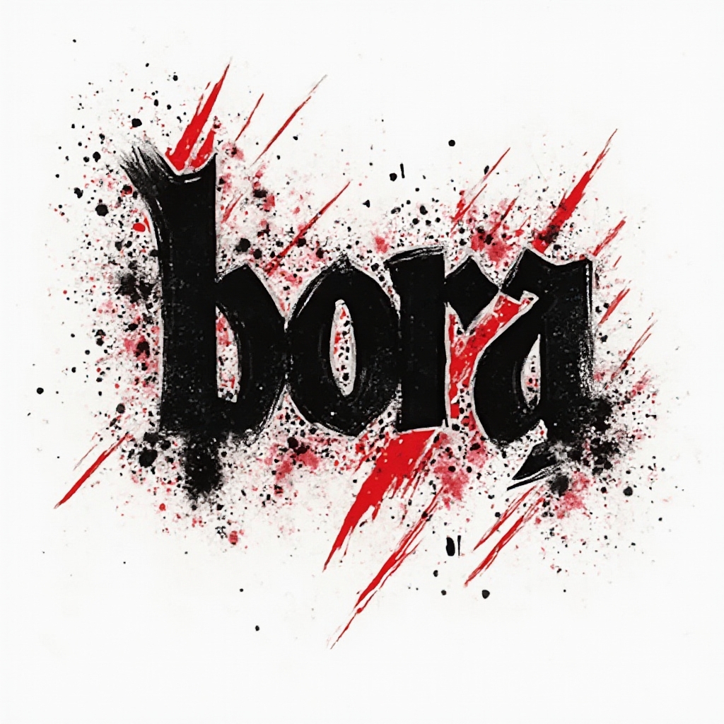 Bold trash polka tattoo concept where the name bora is built from black and red graphic shapes on a white background.