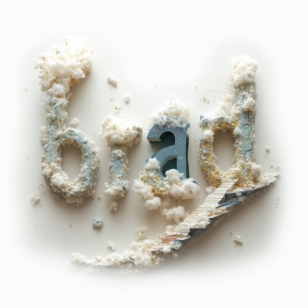 Surreal tattoo design where the name brad transforms into floating dreamlike structures on a white background.