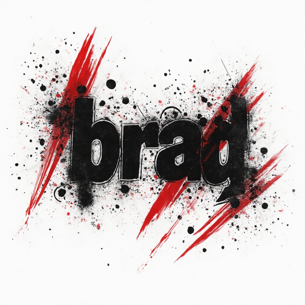 Trash Polka style tattoo concept with the name brad in distressed black lettering, slashed by red strokes on a white background.