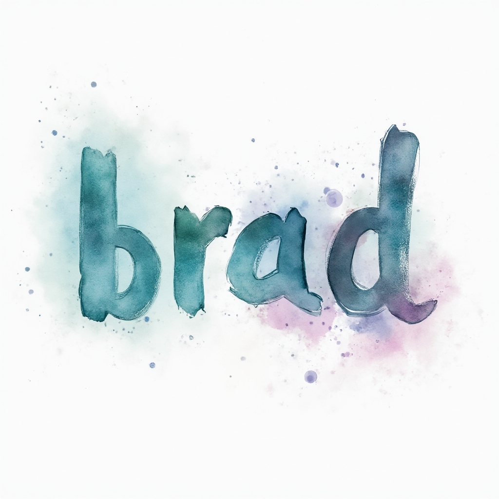Watercolor splash tattoo concept where the name brad is painted in flowing, colorful brushy lettering on a white background.