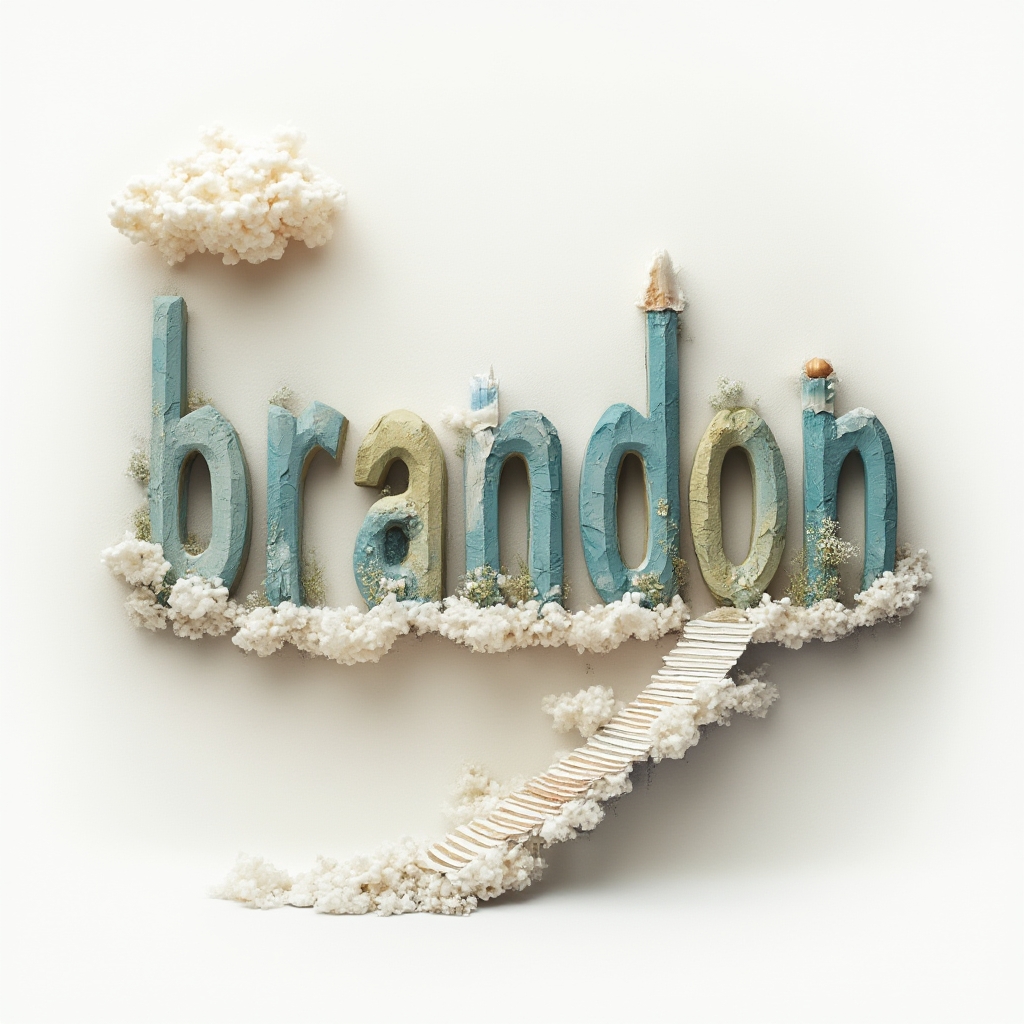 Surreal tattoo concept with the name brandon formed by floating, morphing letters that turn into dreamlike objects on a white background.