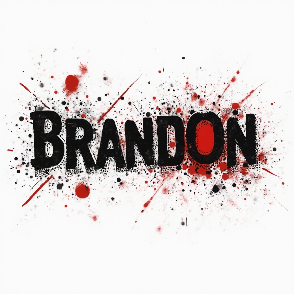 Trash Polka tattoo design concept with the name brandon formed by distressed black letters, red shapes, and splashes on a white background.