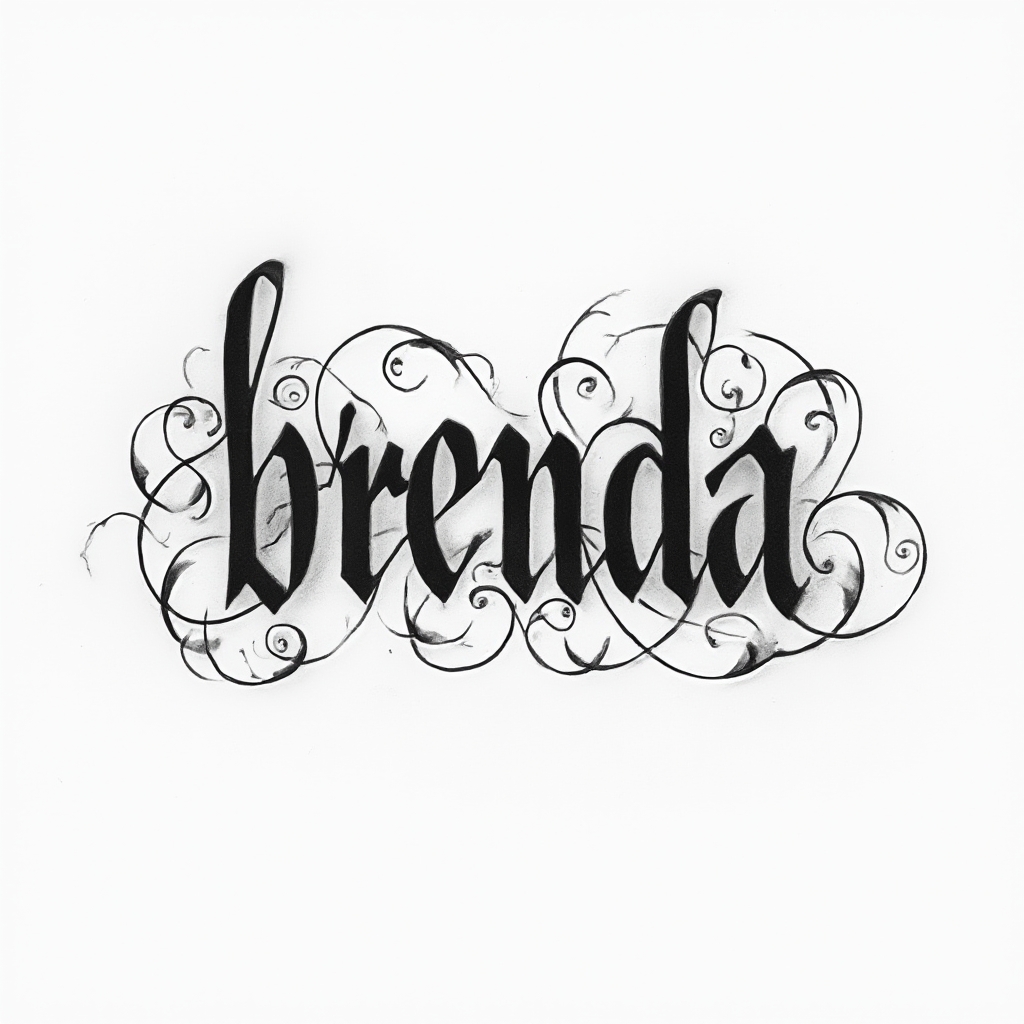 ornamental flowing black-letter tattoo concept where the name brenda is built from elegant curves on white