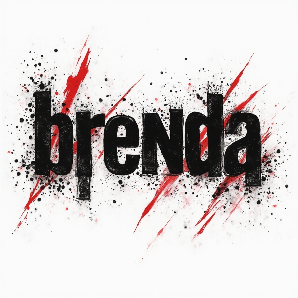 trash polka-inspired tattoo concept with the name brenda built from black ink textures and red geometric accents on white