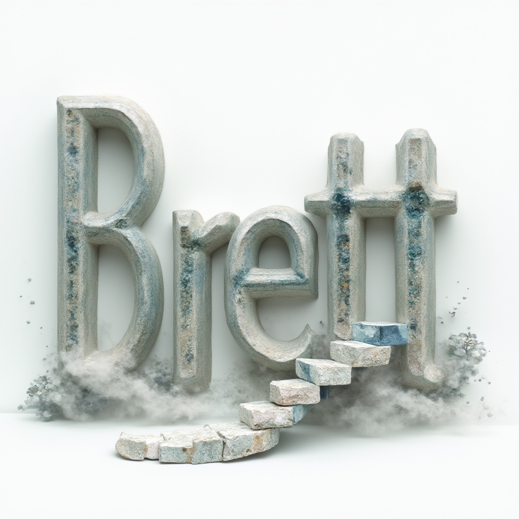 Surreal tattoo artwork where the name brett is built from melting stone, mist, and floating glass forms on a white background.