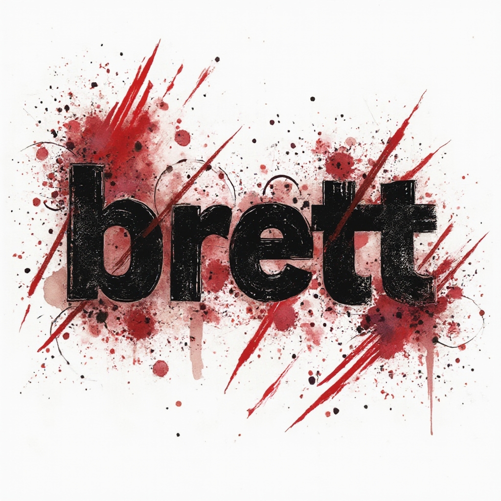 Trash Polka tattoo concept with the name brett in distressed black lettering and bold red splashes on a white background.