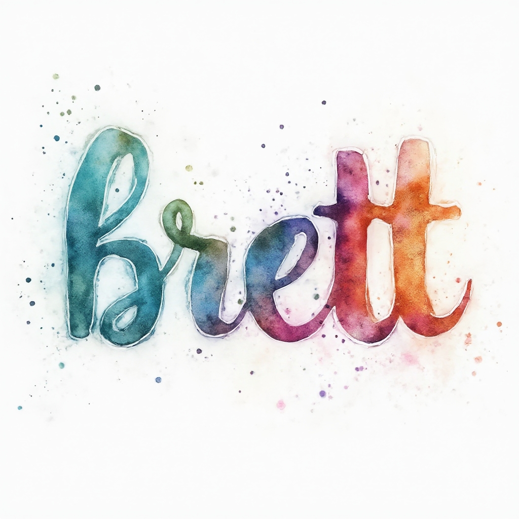 Watercolor tattoo concept where the name brett is formed from colorful ink splashes on a white background.