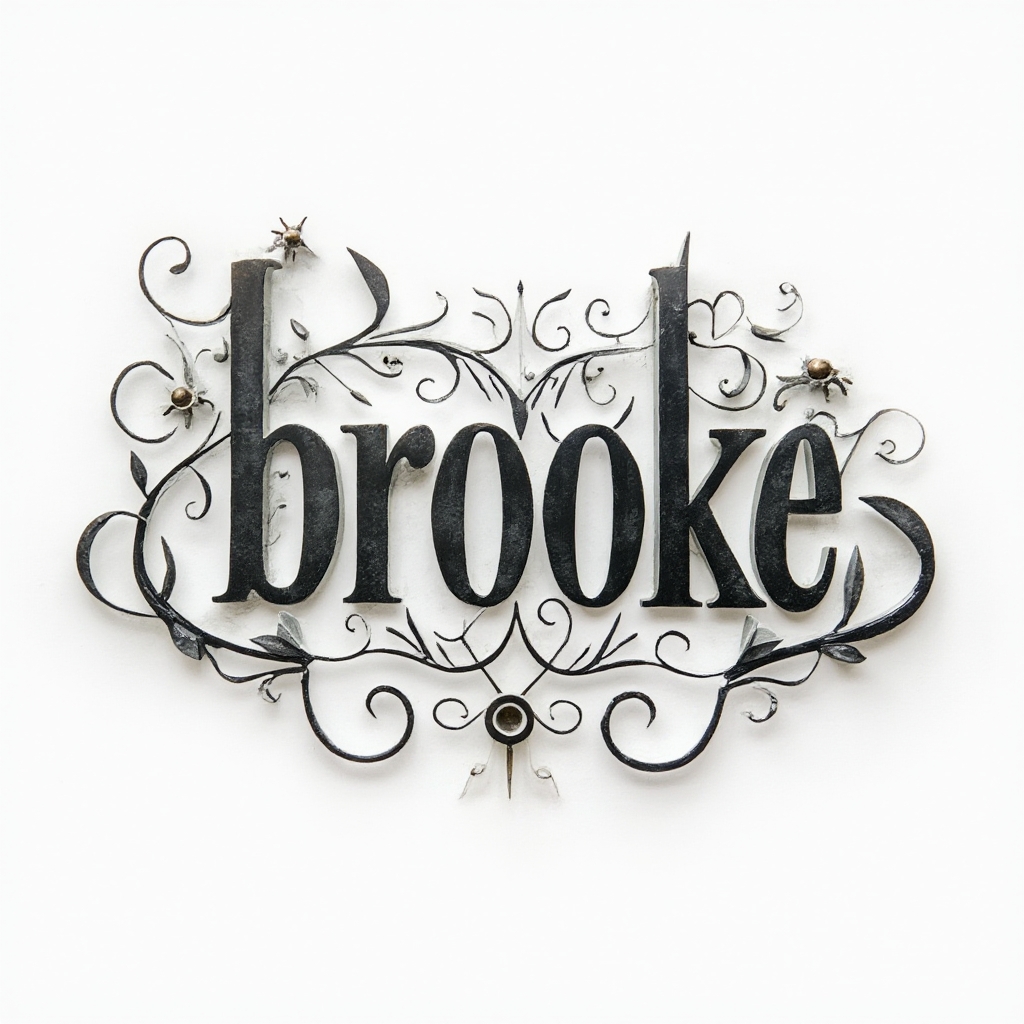 Ornamental tattoo concept where elaborate filigree and scrollwork shapes form the name brooke on a white background.