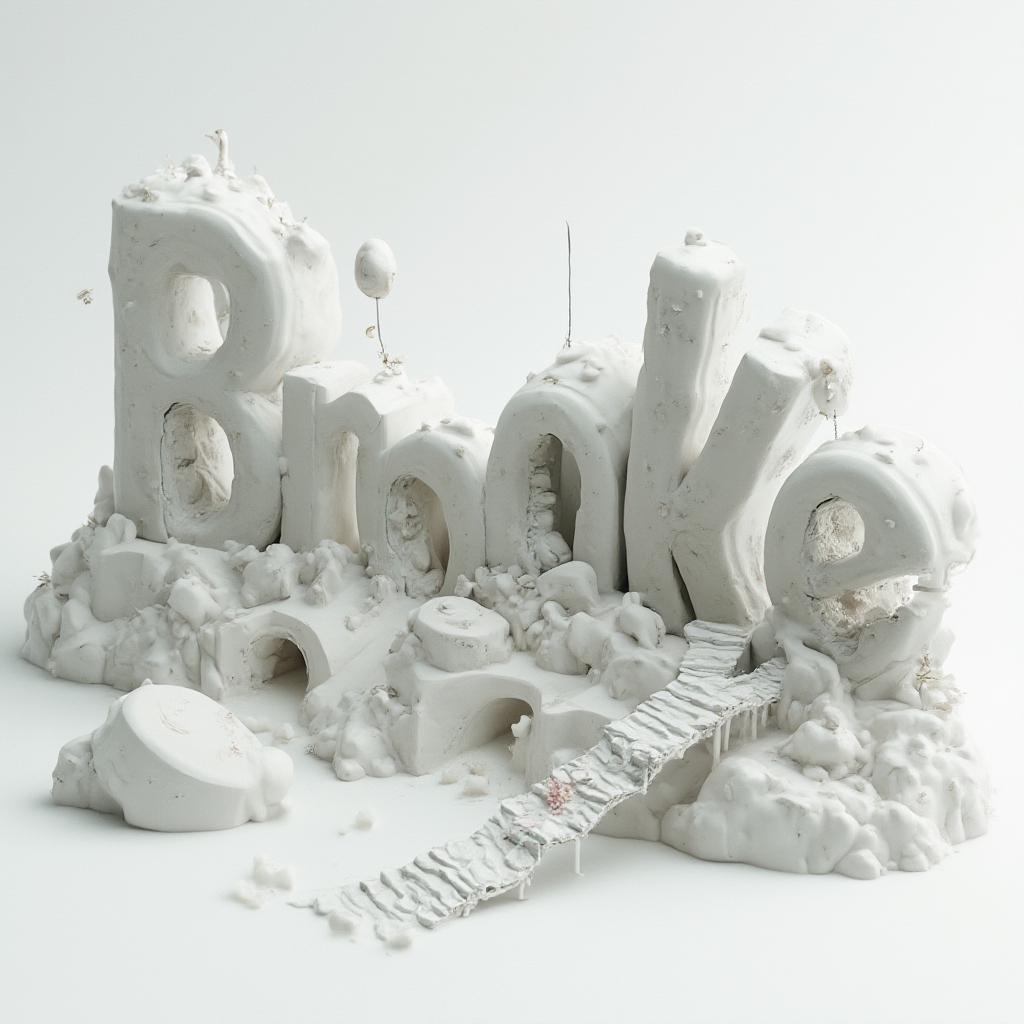 Surreal tattoo concept where sculptural, melting shapes form the name brooke in a dreamlike scene on a white background.