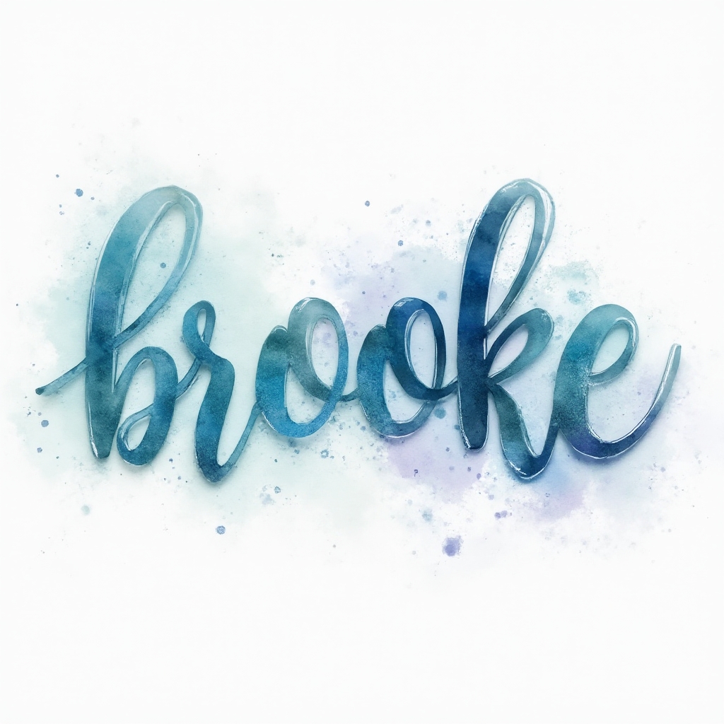 Watercolor-style tattoo concept where the name brooke is formed by flowing blue and lavender paint on a white background.