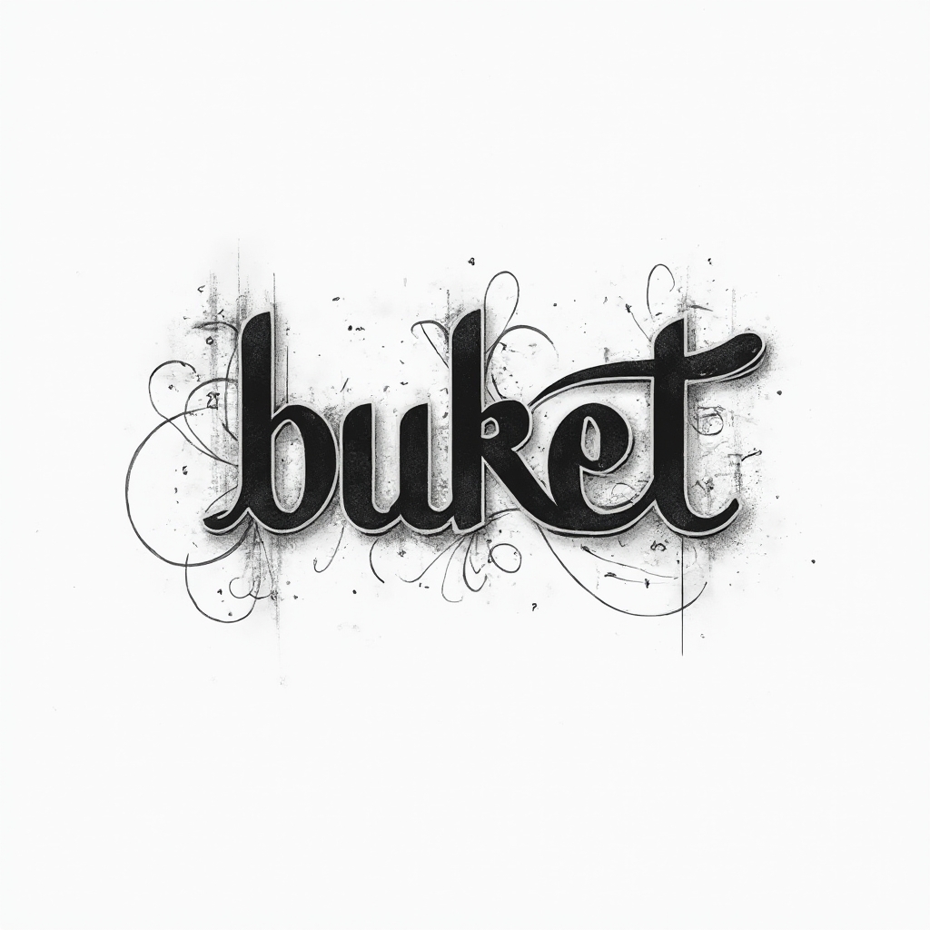 Monochrome dimensional linework tattoo design of the name buket on a white background